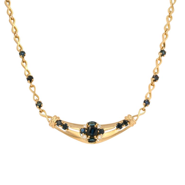 Collier saphirs 3.91 carats et diamants 0.14 carat or jaune 25.09g Comme neuf -  reconditionné disponible sur Gemme Les Bijoux